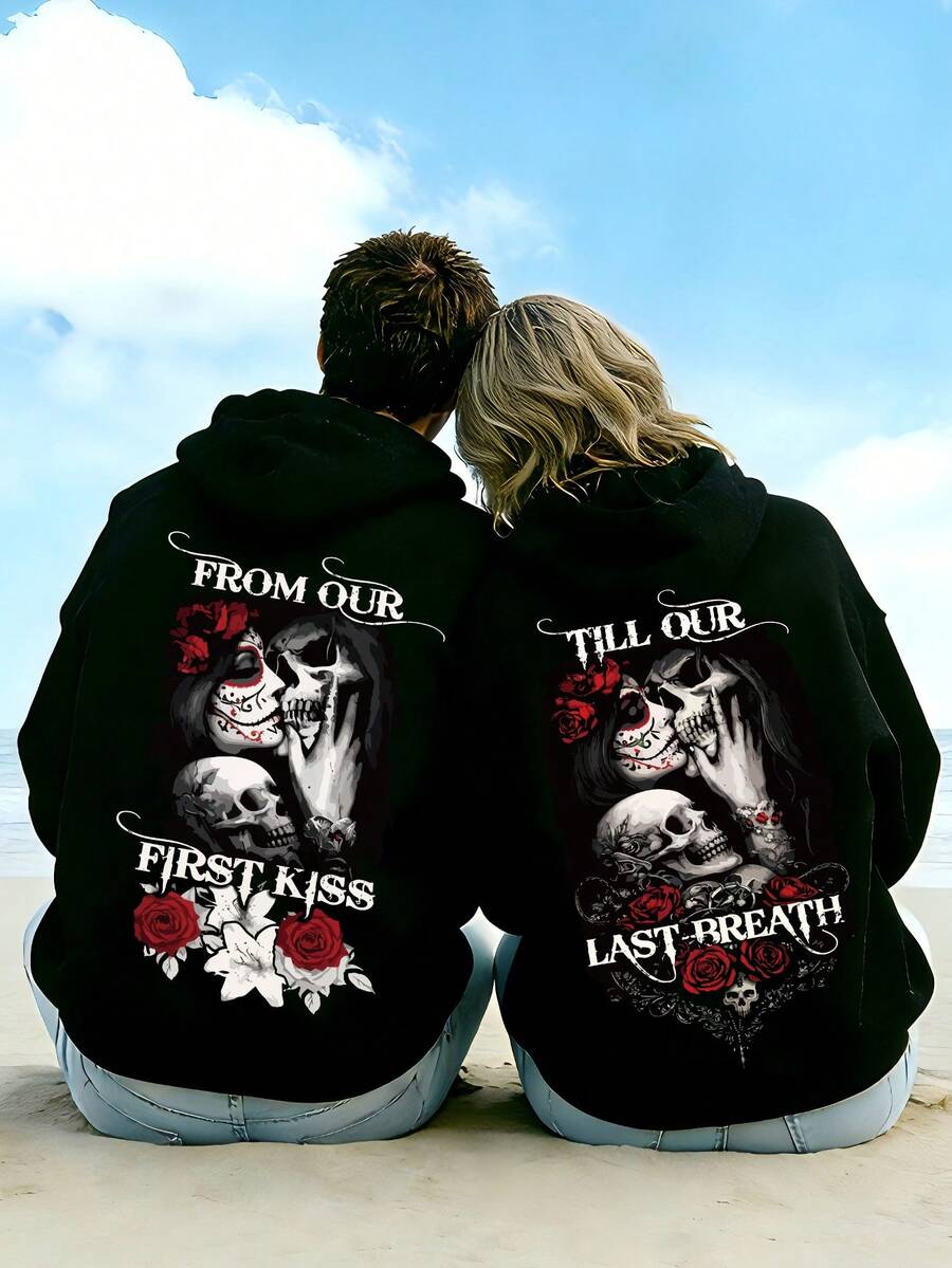 "From First Kiss To Last Breath" Skull Graphic Couple Hoodie ,Couple Hoodies Set Gothic Skull Print Long Sleeve Pullover Sweatshirt Men Women Casual Black Hooded Top For Lovers Valentine's Day - 1pc-男-黑-連帽衛衣 - 查看 1