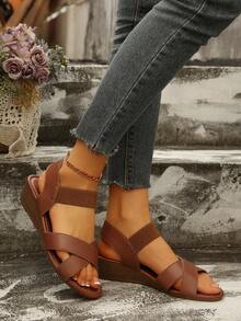 小众设计复古厚底坡跟女凉鞋，棕色交叉绑带舒适通勤鞋，波西米亚风度假风 - 棕色 - 查看 3