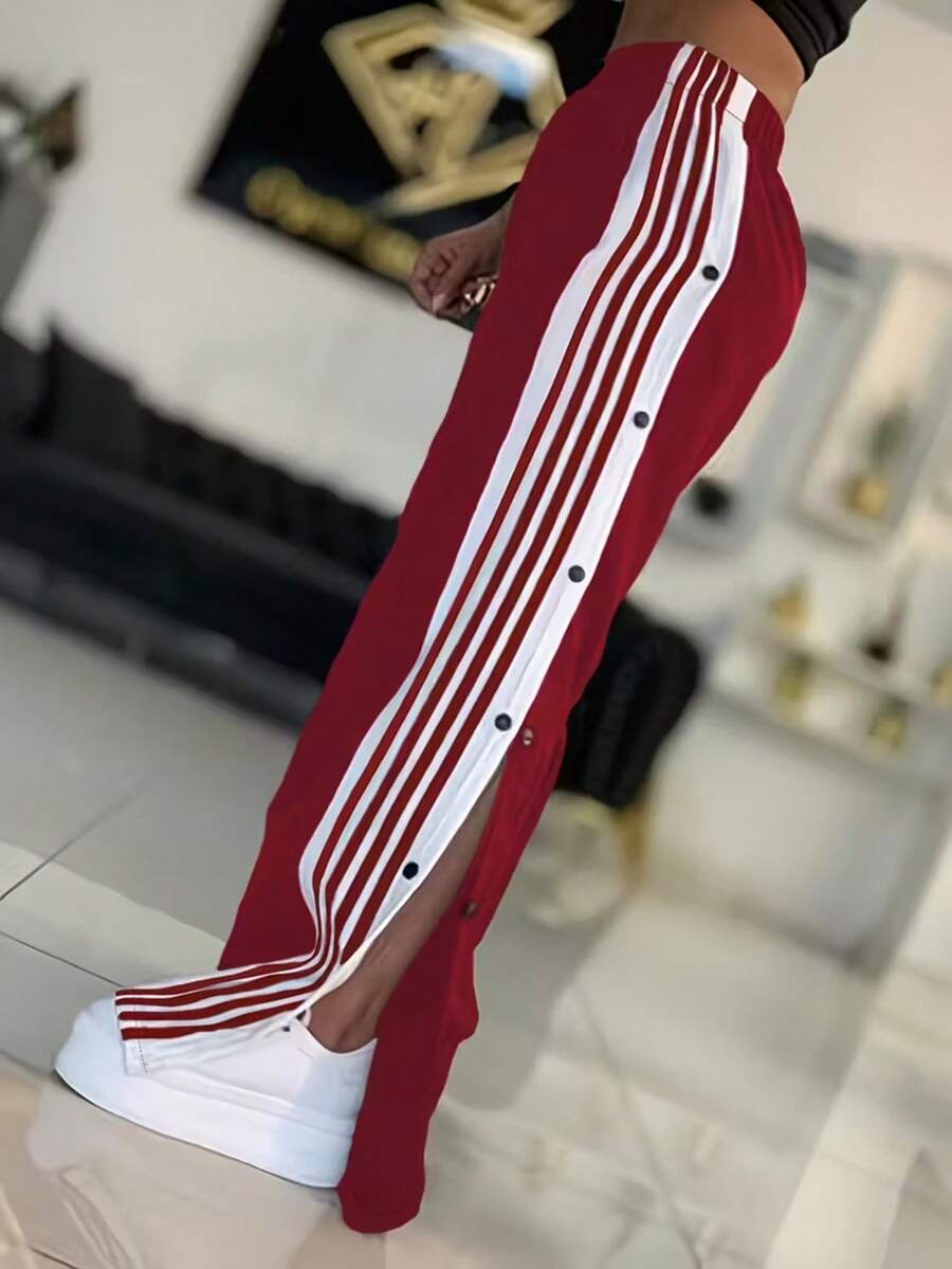 Pantalones de pierna ancha a rayas blancas y azul marino, con rayas blancas y cierre de botones - Pantalones deportivos casuales, de corte holgado, aptos para deportes y uso diario (lavables a máquina) - Aberturas de pierna sin elástico - Rojo - Ver 1