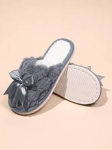 Women's Simple Casual Cute Bowknot Plush Slip-On Slippers, Lightweight Soft Sole Indoor House Slippers With Warm Lining, Suitable For Living Room And Bedroom, Spring/Autumn