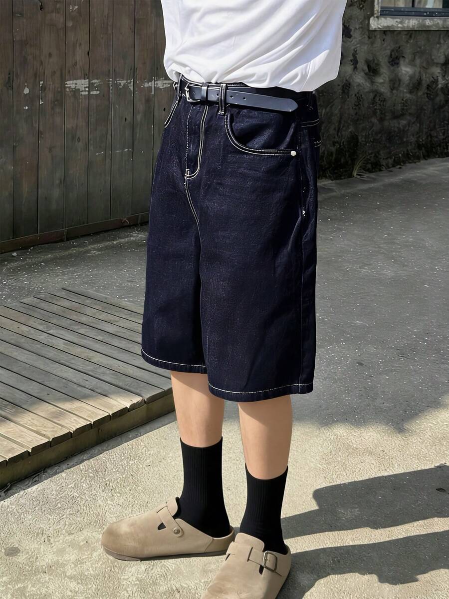 Men's Loose Casual Bermuda Denim Shorts With Pockets - Medium Wash - View 1