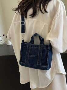 This New, Stylish, And Classic Square Tote Bag Features Double Handles And Denim Trim. Perfect For Outdoor Activities, Commuting, Shopping, Campus Life, And Short Trips. - Blue - View 3