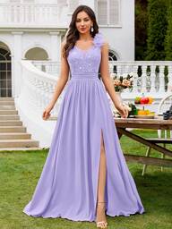 MIUSOL Robe de soirée longue en mousseline de soie avec encolure en cœur, volants, fente et dentelle fleurie pailletée. Robe de cérémonie formelle, convient pour les invités de mariage, les cérémonies de remise de diplômes, les dîners de gala et autres occasions