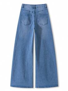 Women's Casual Loose Straight Leg Jeans, Button And Zipper Detail Design, Mid-Rise Medium Stretch Fabric