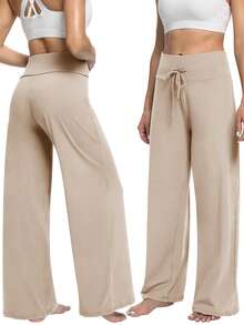 Soft Black Pajama Pants For Women, Wide Leg Comfy Casual Lounge Yoga Capri Pants 30'' - 杏色 - 查看 2