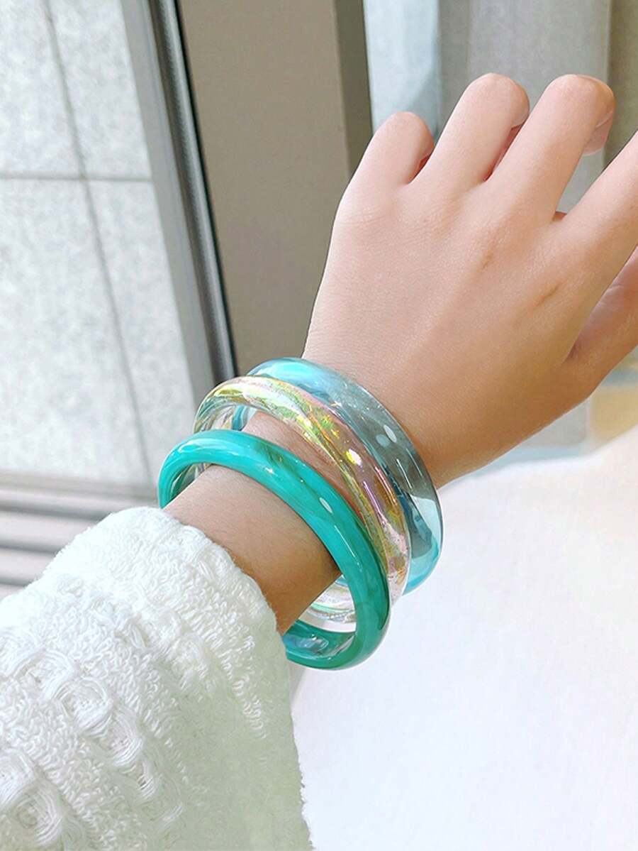 3件組時尚綠色手鍊套組,混色深綠、淺綠、藍色、透明藍、透明白、紅色、紫色、黃色、卡其色、橘色、粉色、米色、咖啡色、棕色,多色組合 - 彩色 - 查看 1