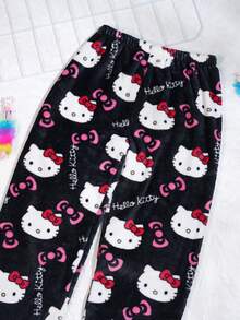 Hello Kitty Flannel Pants - Cute Kitty Sleeper, Hello Kitty Face Pattern Pants, Perfect Gift For Large Women Comfortable Home Dressing - Black - View 3