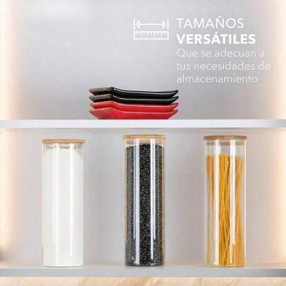 Juego de 3 Recipientes Herméticos de Cristal con Tapa de Madera de Bambú para Almacenamiento de Alimentos - 29 cms - Incluye Etiquetas Personalizadas en Español.pasta/toper de almacenamiento/contenedor de alimentos