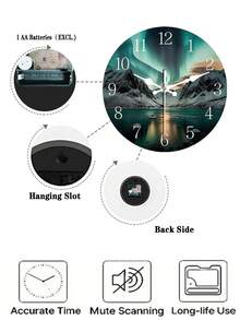 10-12英寸静音木质挂钟，饰有北极光和雪山图案 - 完美适用于客厅、卧室、办公室装饰 | 理想的圣诞节和新年礼物 - 彩色 - 查看 5