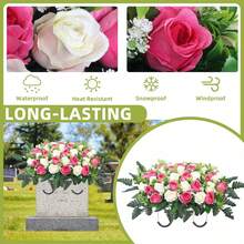 Artificial Cemetery Flowers For Grave,Headstone Flowers Saddle Outdoor Grave Saddle Memorial Silk Roses Flowers For Cemetery Decorations (Pink) - 粉色 - 查看 4