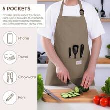 NEW- Kitchen Apron, Chef Aprons For Men Women With 5 Pockets Pen Holder, Adjustable Bib BBQ Work Apron For Cooking Baking - 父母卡其色 - 查看 2