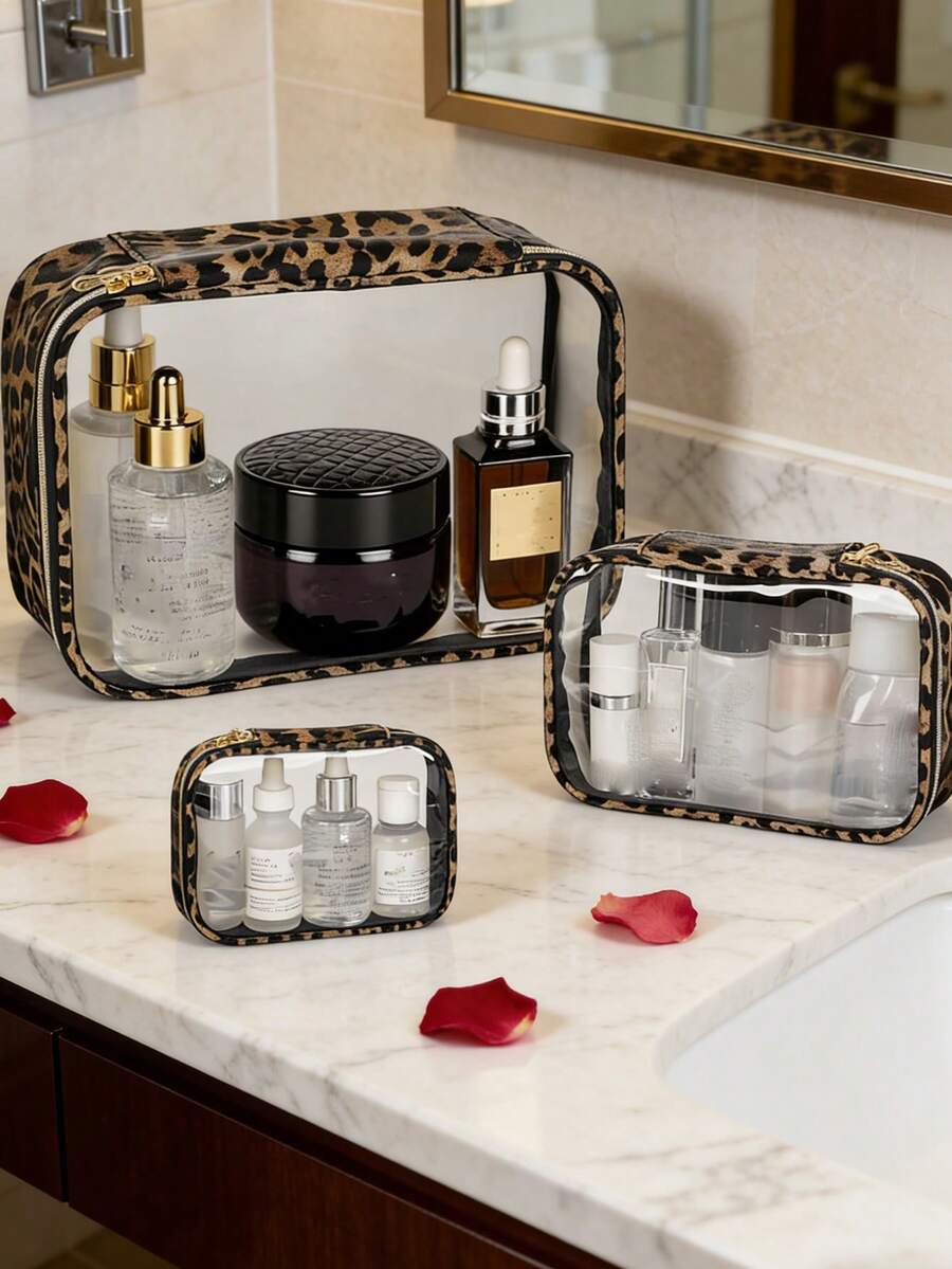 1个透明洗漱包，PVC材质，防水耐用，简约高品质化妆包，大容量护肤品收纳包，旅行必备 - 米色 - 查看 1