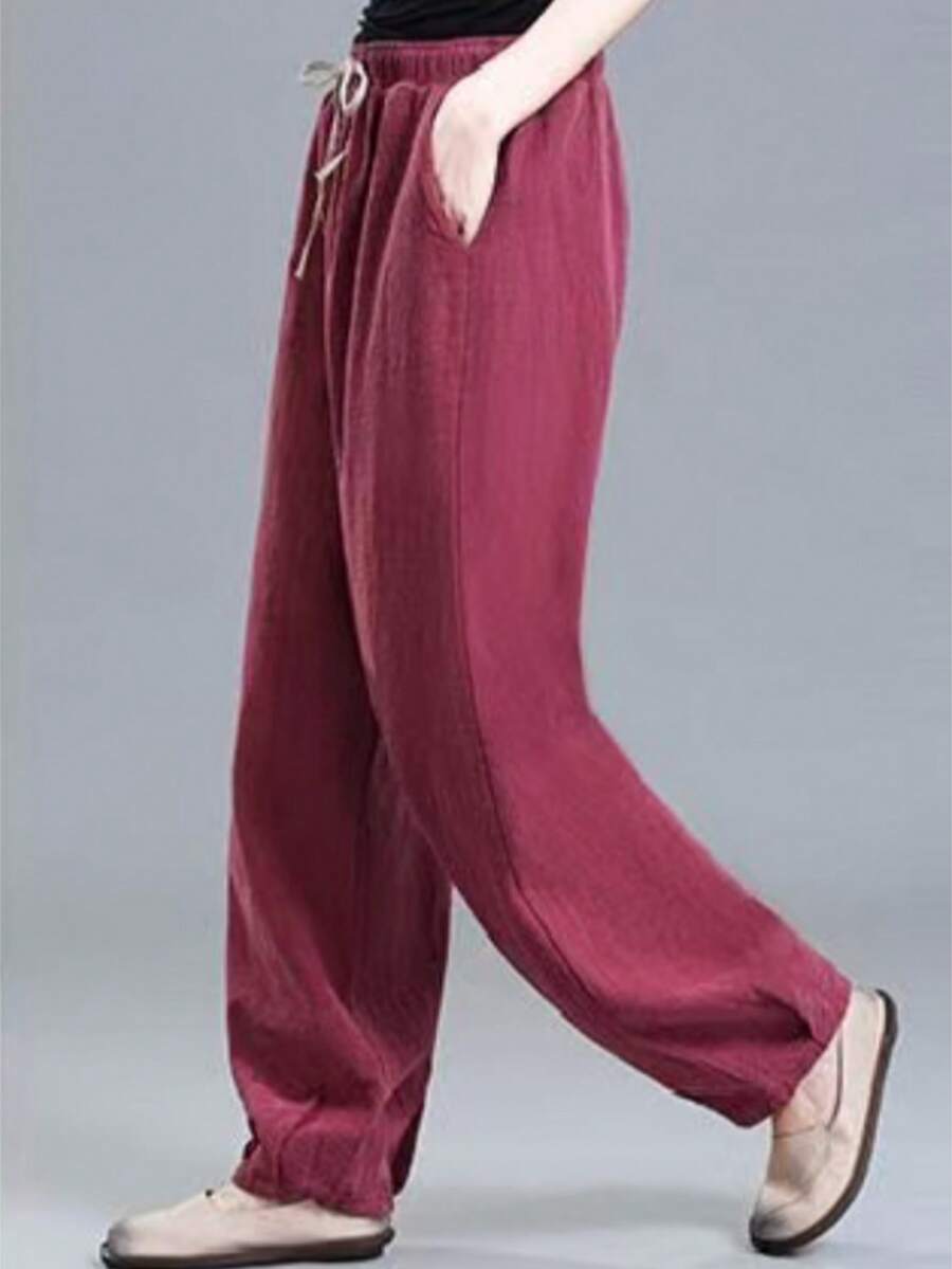 Pantalones sueltos de mujer de unicolor casual con bolsillo anudado y cordón de primavera - Rosa Fucsia - Ver 1
