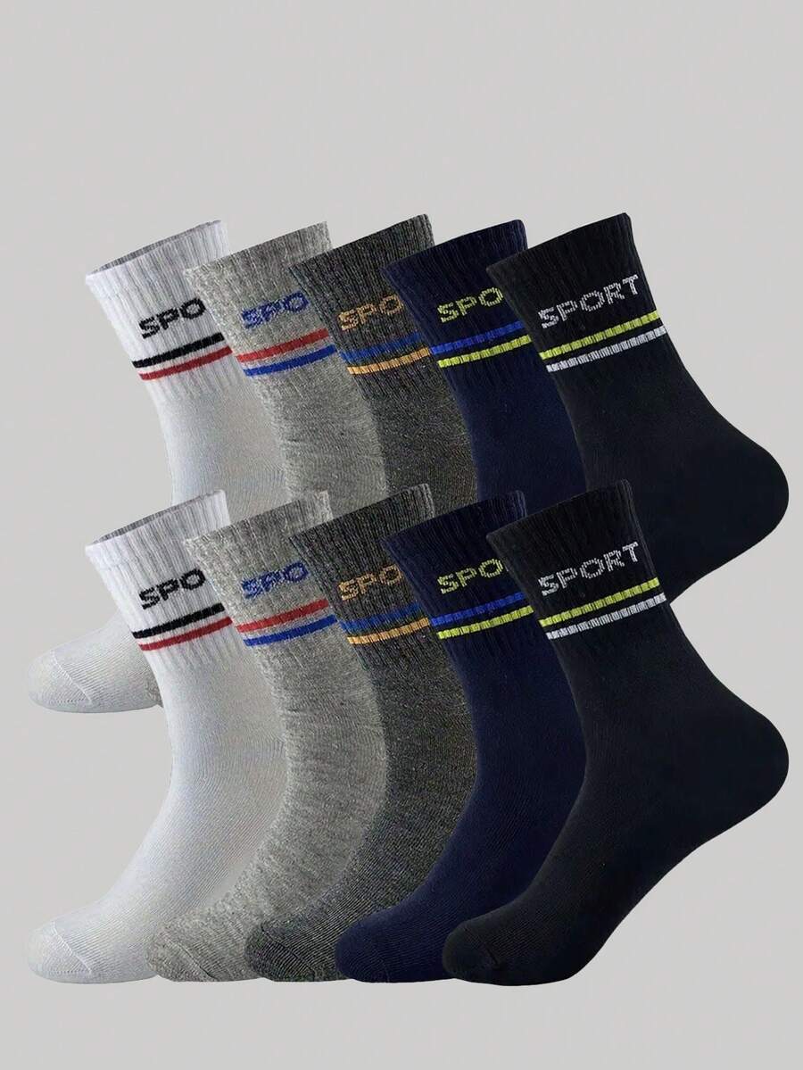 2/5/10/20 Pairs Men's Multicolor Striped Socks, Sport Letter Socks, Casual Leisure Sports Socks For Fitness, Running, Tennis, Basketball - Multicolor - View 1