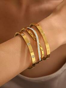 3pcs/1pc Fashion 18K Gold Plated Stainless Steel Four-Leaf Clover Nail Bracelet, Suitable For Women's Party, Daily Wear, European And American Style, Personalized, Generous, Luxury Cubic Zirconia Wristband, Wedding Jewelry Set, Gift For Girls, Women, Relatives, Friends, Beautiful Wedding, Birthday, Valentine's Day - Yellow Gold - View 9