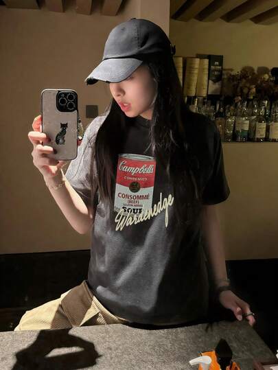 Vintage Oversized Gray T-Shirt With Y2K Retro American Graphic Print, Loose Fit Streetwear Top