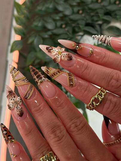 24pcs Acrylic Stiletto Nail Tips, Includes Chic Patterns Like Hot Bull, Champagne Gemstone, Sexy Leopard Print, Golden Wavy Beaded, 3D Carved Blushing French Edge, Daily Gift & Party Essential Portable False Nails, With 1pc Nail File And Jelly Gel