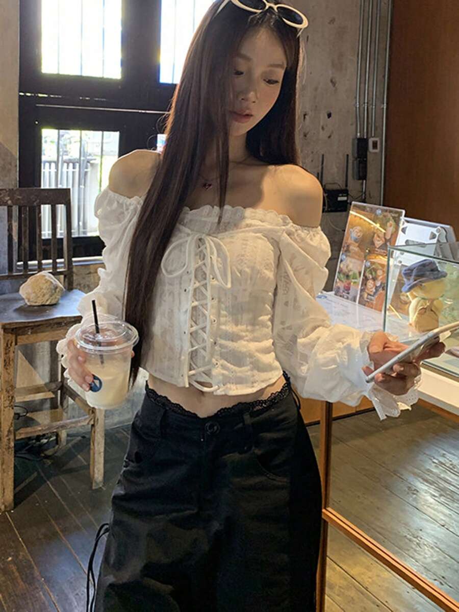 法式优雅白色系带露肩衬衫，春秋季 - 白色 - 查看 1
