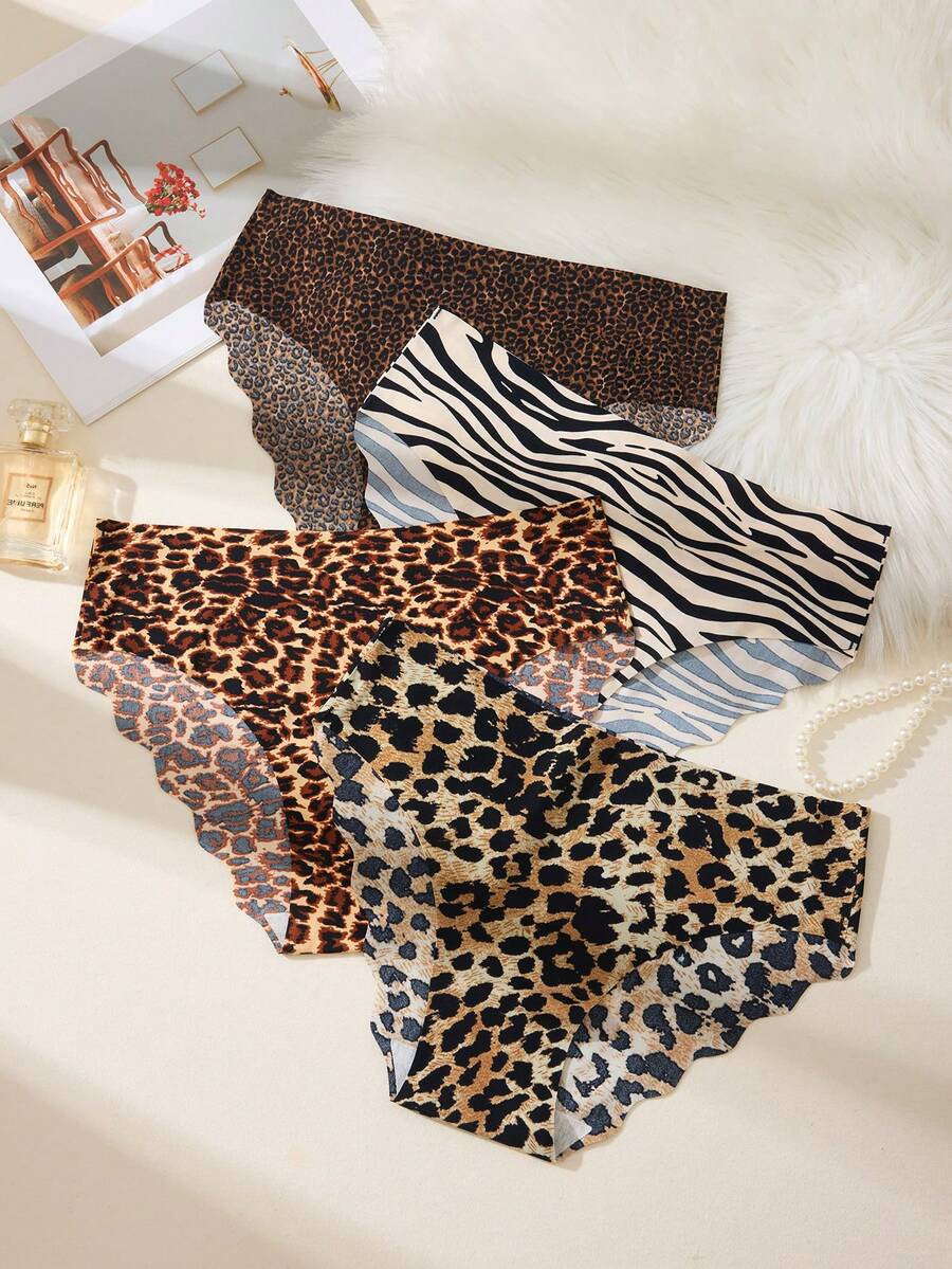 4pcs - Women's Leopard Print Seamless Panties With Wavy Trim, Elegant & Fashionable Lingerie - Multicolor - View 1
