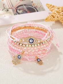 9pcs/Set Girls' Bohemian Style Evil Eye Beaded Bracelets - Pink - View 1