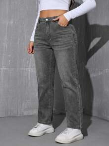 女士加大码保暖直筒裤 - 中腰设计，冬季保暖，日常休闲时尚 - 中灰色 - 查看 3