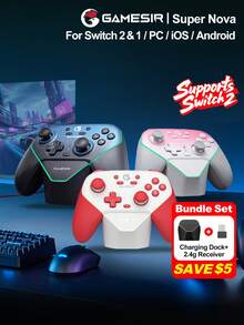 GameSir Super Nova PC Game Controller, Compatible With Switch 2 Controllers, Supports Wireless Switch OLED Lite, Steam, Windows 10/11, IOS, Android Phones, Features Hall Effect Joysticks, Dual-Stage Hall Effect Analog Triggers, 1000Hz Polling Rate, Magnetic Detachable Faceplate, Customizable RGB Lighting, Two Rear Buttons - Super Nova - View 2