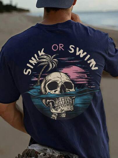 男士个性化暗黑元素印花短袖T恤，舒适透气，适合夏季穿着，引领时尚潮流