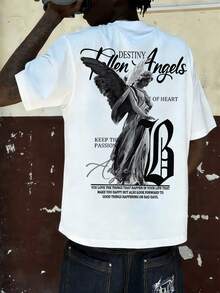 FRACTYR Men's Summer Fashion Minimalist Street Chic Dark Aesthetic & Fallen Angel & English Slogan Graphic Round Neck Short Sleeve T-Shirt | All-Match Street Chic Versatile Casual Top, Boyfriend/Husband Gift - White - View 2