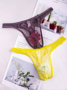 8-Pack Men's Sexy Lace Thong, Fashionable Lace Print See-Through Mesh Cutout Bikini Triangle Panties, Comfortable Breathable Elastic Low-Waist Underwear, Suitable For Daily Wear And Special Occasions - 混合色 - 查看 6