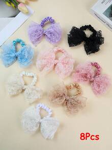 4/8 Pcs Girls Colorful Flower Lace Bow Small Satin Hair Scrunchies Hair Rings, Cute New Back To School Large Lace Bowknot Satin Hair Ropes Hair Ties, Soft Silky Ponytial Holders Hair Accessories For Holiday Parties And Daily Use - Multicolor - View 8