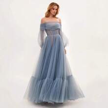 New Long Women's One-Shoulder Mesh Long-Sleeved Wedding Dress Tulle Long Dress - Blue - View 6