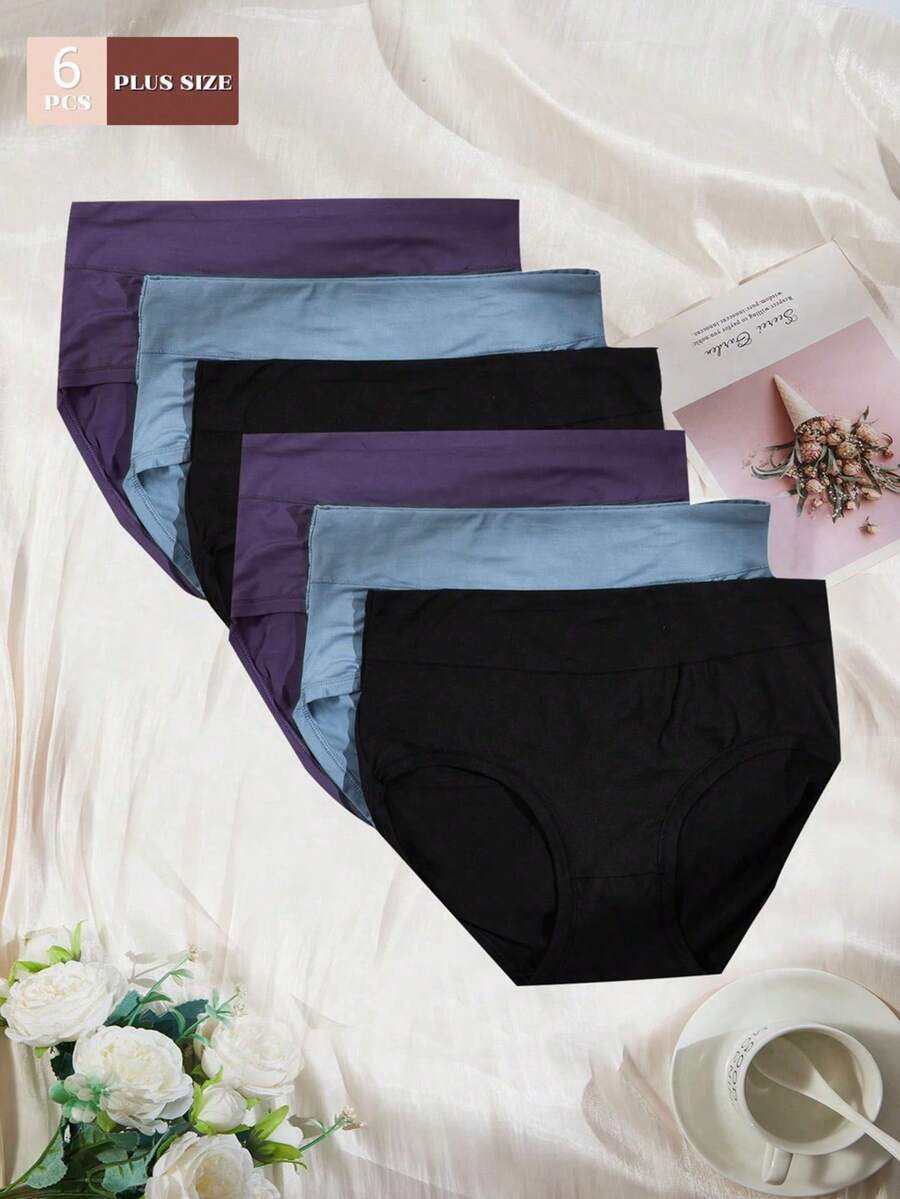6pcs/Pack Plus Size Women High Waist Solid Color Stretch Comfortable Panties - Multicolor - View 1