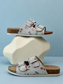 1 Pair Girls' Light Gray & White Cherry Blossom Print Slippers, Faux Suede Soft Cork Flat Slides With Dual Metal Buckle Straps, Non-Slip Soft Sole, Fresh & Sweet Style, Design, Ideal Summer Outing & Holiday Gift, High Praise Children Sandals - 灰色 - 查看 3