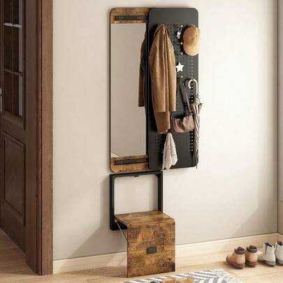 GILLAS Espejo de Piso Cuerpo Completo Espejos de Cuerpo Entero de Pared con Banco Plegable y Almacenamiento Espejo con Perchero Espejos de Cambiador Moderno para Dormitorio Sala Recámara