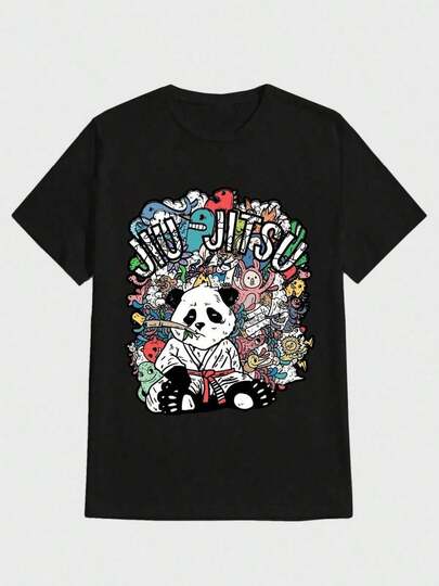 Para hombre,Estampado con un panda en kimono, la palabra JIU-JITSU y un montón de personajes animados,Camiseta casual de cuello redondo y manga corta con estampado,adecuada para uso diario en primavera y verano,unisex