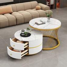 Elegant 2-Piece, White Nest-Shaped Coffee Table Set, 60*60*46cm & 50*50*30.8cm, Round With High-Gloss Marble Look, 2 Drawers, Load Capacity Up To 30kg, Nesting Coffee Table Combination - White - View 3