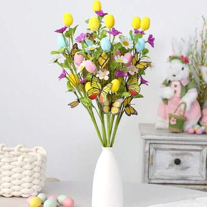 3pcs Easter Egg & Butterfly Artificial Flower Bouquet, Spring Fake Floral Arrangement, Faux Flower Stems For Vase, Tabletop, Wreath Decor