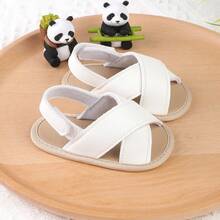 1 Par Sandalias Planas De Diseño De Gancho Y Bucle De Color Sólidos De Pu Para Niños, Adecuado Para Primavera Y Verano - Blanco - Ver 9