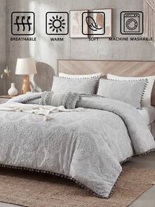 2pcs/3pcs Grey Hollow Out With Grey Pom Pom Duvet Cover Set (1 Duvet Cover + 2 Pillow Shams, No Filling), Soft & Skin-Friendly Polyester Fiber, Suitable For Bedroom, Master Bedroom, Guest Room Use All Year Round - Silver - View 7