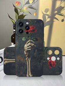 Gothic Skeleton Hand & Rose Print TPU Phone Case With Lens Protection For IPhone 17-11/XS/X/XR &  S26-S21/A14-A54/Note20 - Black - View 2