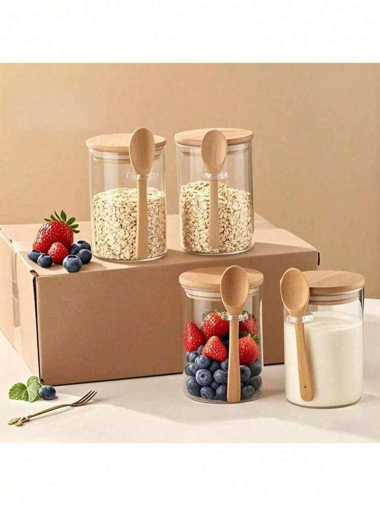 1pc Sealed Storage Jar With Lid And Spoon, Multipurpose Airtight Container For Chia Pudding, Salad, Oatmeal, Coffee, Flour Etc., Kitchen Canister & Coffee Mug, Perfect Mother's Day Gift - Multicolor - View 7