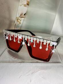 POLASUP 1副女士粉色平顶水钻流苏时尚眼镜，适合派对、角色扮演，饰有钻石和水晶，粉色镜框，Y2K奢华假日派对可爱时尚眼镜，适合海滩、主题派对（附赠清洁布） - 彩色 - 查看 13