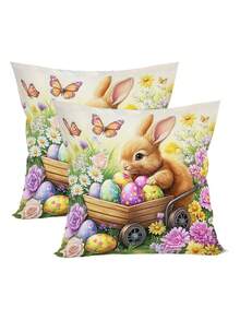 1pc Easter Bunny Pillowcase, 18 * 18inch Rabbit Flower & Eggs Pattern Festive Throw Pillow Cover, Polyester Farmhouse Style Cushion Cover Perfect For Couch Sofa Living Room Bedroom Home Decor, Easter Decor Without Pillow Inserts, Spring Theme Party Supplies - Multicolor - View 10