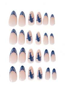 INS Style Light Blue Polka Dot Oval Press-On Nails, Black Dot Graffiti Fake Nail Set, Fresh And Gentle Commuter Nails - Multicolor - View 2
