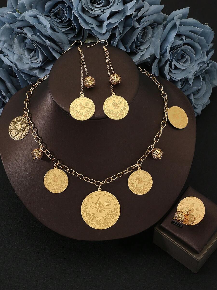 开斋节不锈钢首饰套装，中东幸运图腾阿拉伯热销金币项链+耳环+戒指，女士首饰三件套，适合婚礼、宴会、派对、节日礼物