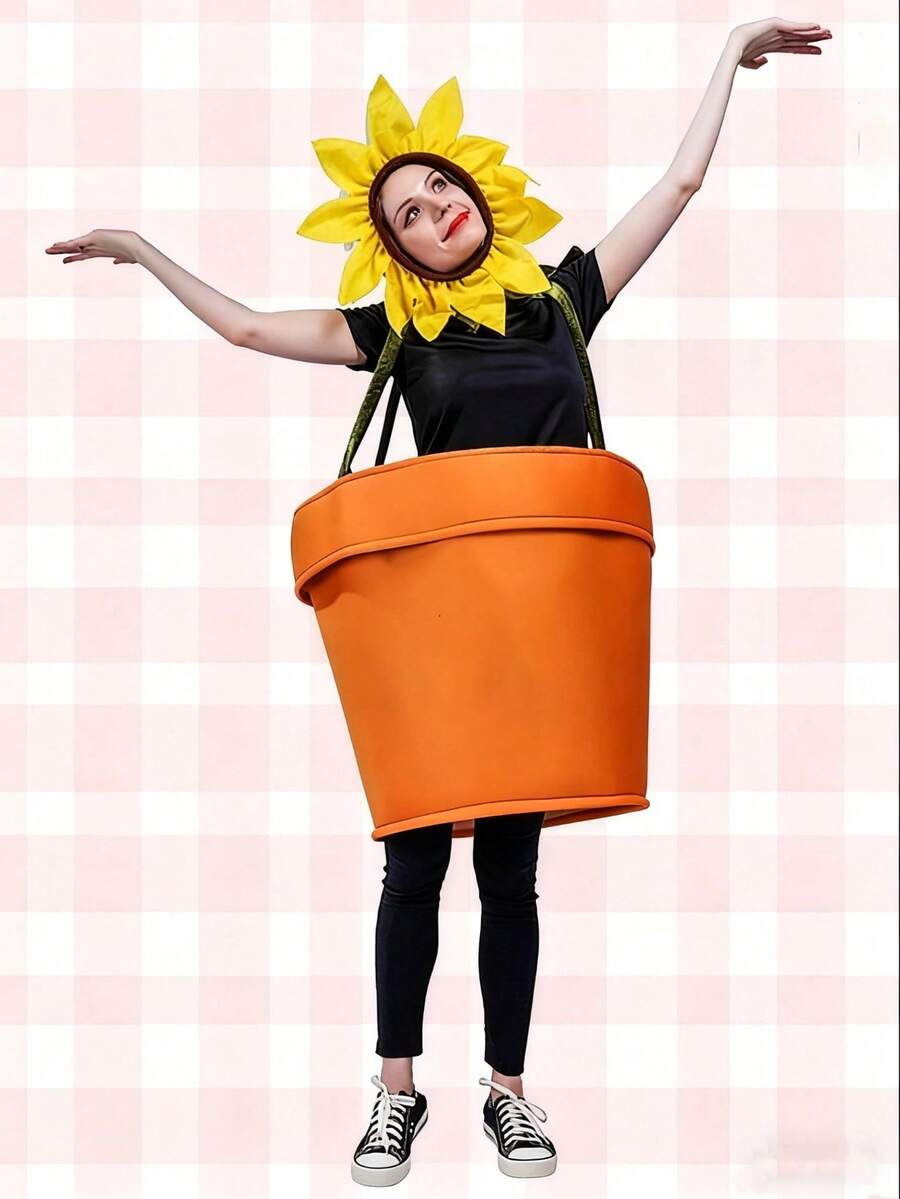 1pc Sunflower Jumpsuit, Cute Vase Costume For Carnival, Halloween, Polyester Knit Composite Sponge Material, Adult One Size, Stage Performance Outfit