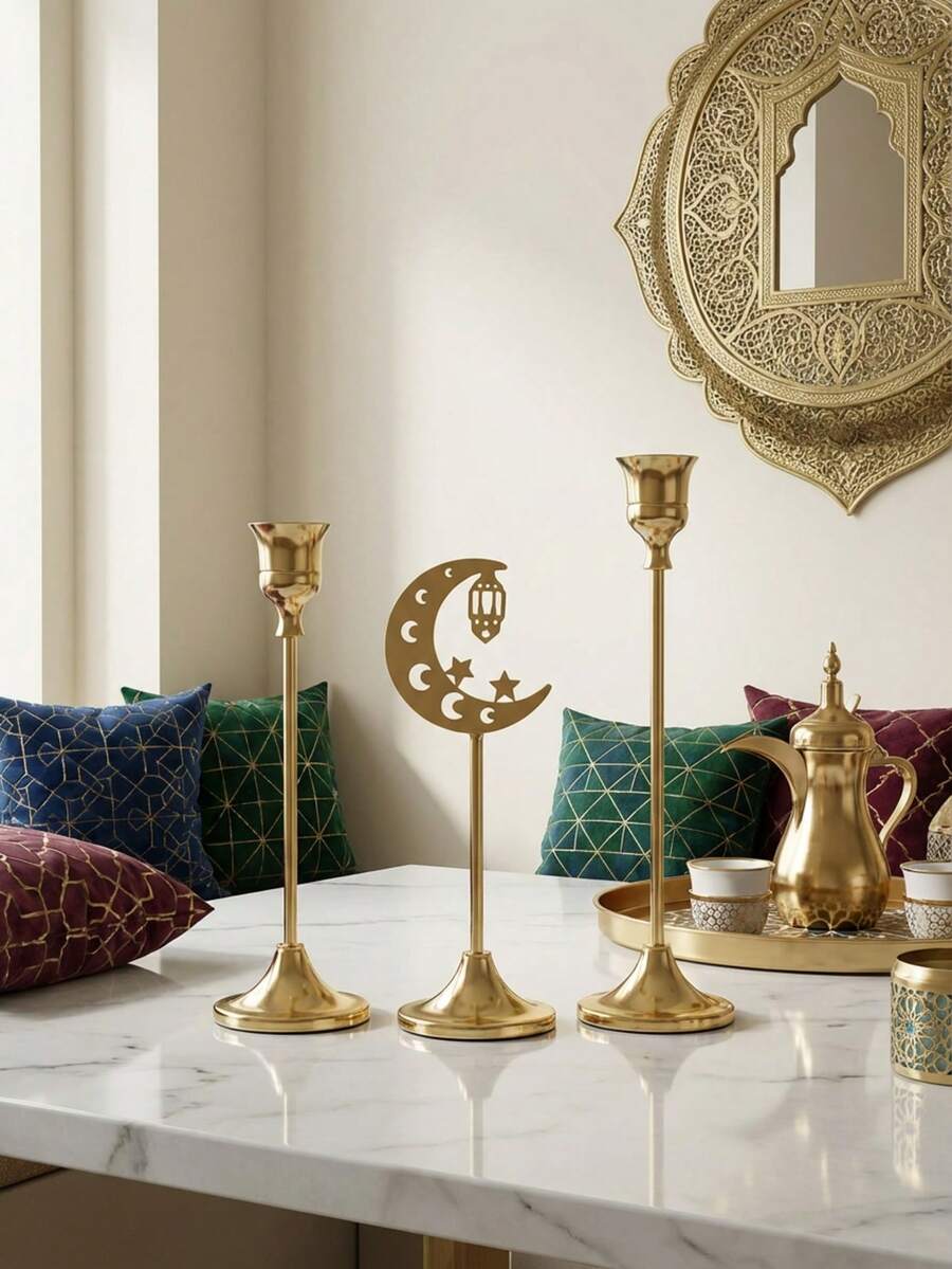 1pc Retro Iron Candle Holder, Metal Decor, Luxury Candlestick, Minimalist Design, Suitable For Home Decor, Romantic Dinner, Star & Moon Lantern Shape