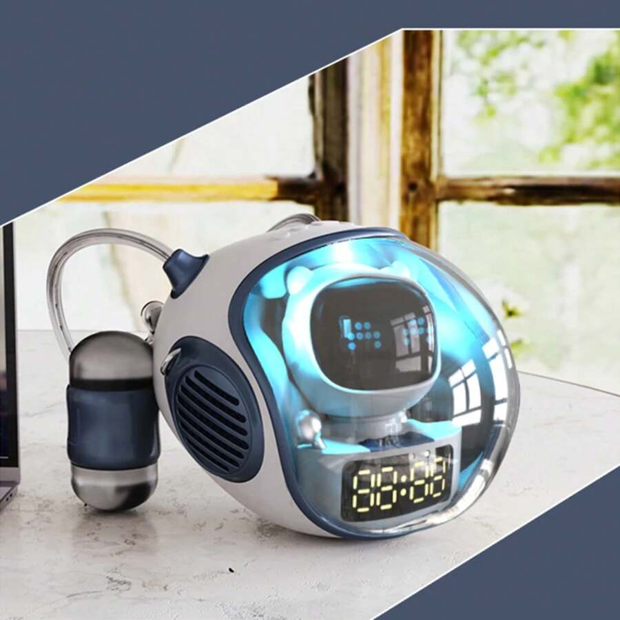 Altavoz de nave espacial inteligente AI con control de voz, luz nocturna y reloj despertador LED para niños - Blanco - Ver 1