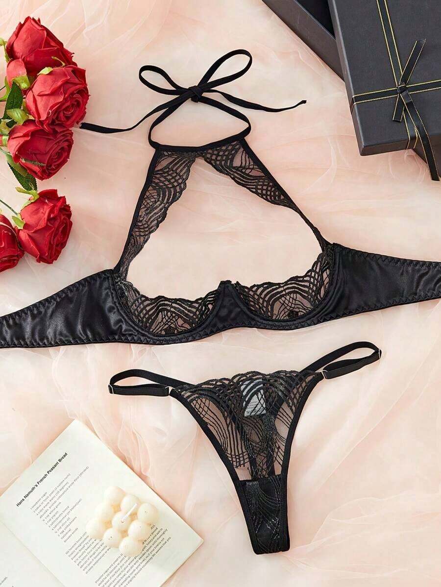 Halter Neck Tie Sheer Striped Embroidery Sexy Lingerie Set For Women, Rave - 黑色 - 查看 1