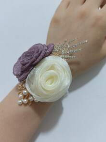 1件装女士腕花，伴娘，新娘，婚礼派对，人造绿色玫瑰和向日葵手链，舞会，派对，婚礼配饰 - 431-豆沙紫+米 - 查看 4